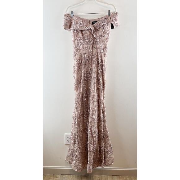 Xscape Jill Off The Shoulder Lace A Line Long Evenings Gown Taupe Pink 4 - Picture 5 of 11